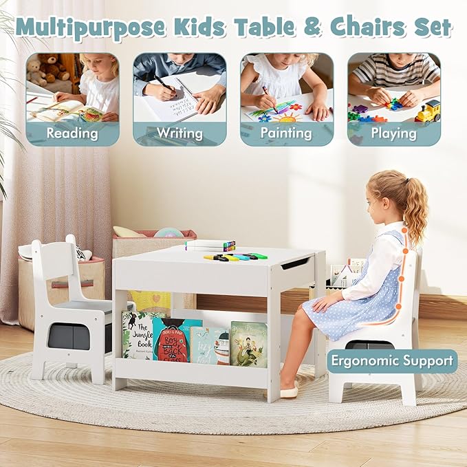 Costzon 4 in 1 Kids Table and Chairs, Wooden Toddler Activity Desk Set w/Reversible Graffiti & Building Blocks Tabletop, Storage Drawers and Bookshelves for Drawing, Reading, Crafts (Gray)