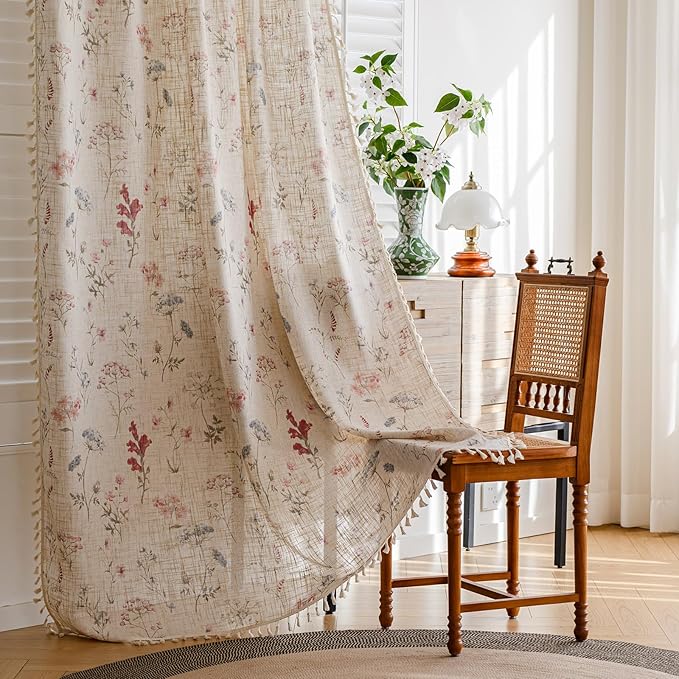 OYX Floral Curtains 2 Panels 52x84 Inches, Boho Tassel Semi-Sheer Light Filtering, Rod Pocket Farmhouse Window Drapes for Bedroom Living Room Dining Room, Bohemian Aesthetic Decor