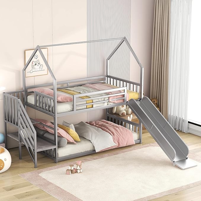 MERITLINE Metal Bunk Bed Twin Over Twin Bunk Bed Frame with Slide and Stairway,Twin Over House Bed with Guardrails