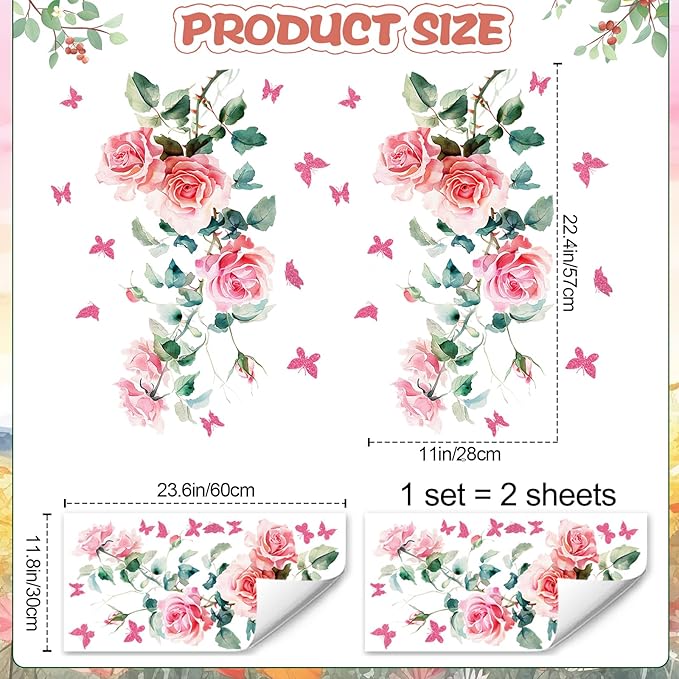 2Sheets Removable Pink Rose Vine Flowers Decals Green Leaves Decals DIY Pink Butterfly Wall Decal Self-Adhesive Wall Art Decor for Girls Room Living Room Bedroom TV Backdrop Decor