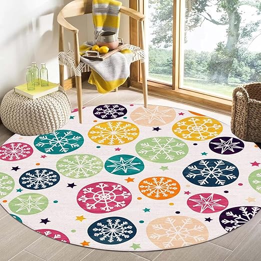 Boho Snowflakes Round Rug Winter Stars Circle Rugs for Bedroom Dorm Living Room White Bohemian Christmas Area Rug Floor Mat Pad Doormat Carpet, 5'X5'(160X160cm)