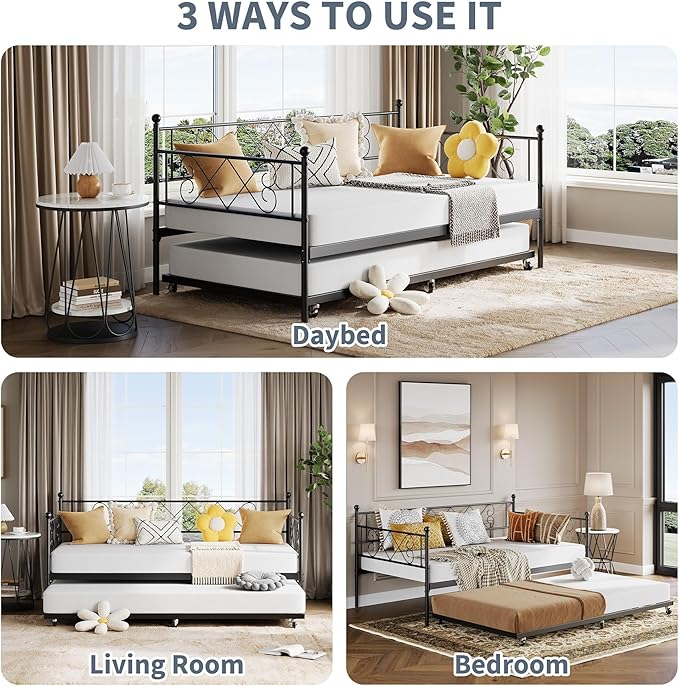 Daybed with Trundle, Trundle Bed Twin with Heart-Shaped Headboard, Sturdy Metal Day Bed with Steel Slat Support, Twin Daybed for Living Room, Bedroom and Guest Room, Easy Assembly, Black
