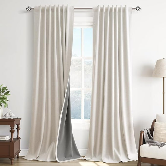Guken Cream Natural 100% Blackout Linen Curtains 95 Inches Long Blackout Thermal Insulated Soundproof Curtains for Kids Room Bedroom Sliding Door Modern Drapes Back Tab Hook Belt 2 Panels Sets 52x95