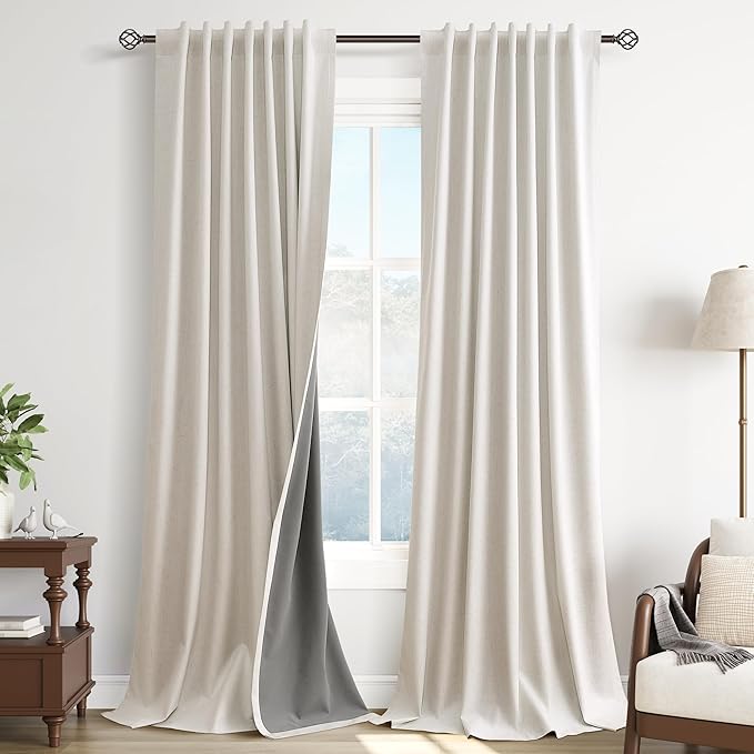 Guken Cream Natural Linen 100% Room Darkening Curtains for Bedroom 98 Inches Long 2 Panel Back Tab Hook Belt Blackout Thermal Insulated Noise Cancelling Living Room Sliding Door Beige Farmhouse 52x98
