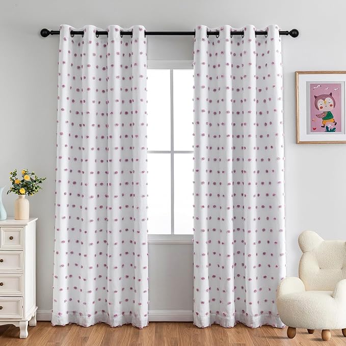 MYSKY HOME 100% Blackout Curtains for Nursery Thermal Insulated Purple Pom Pom Curtains 72 Inch Long for Girls Bedroom 2 Panels White Sheer Curtains for Kitchen Dining Room Door Grommet, 52 x 72 in