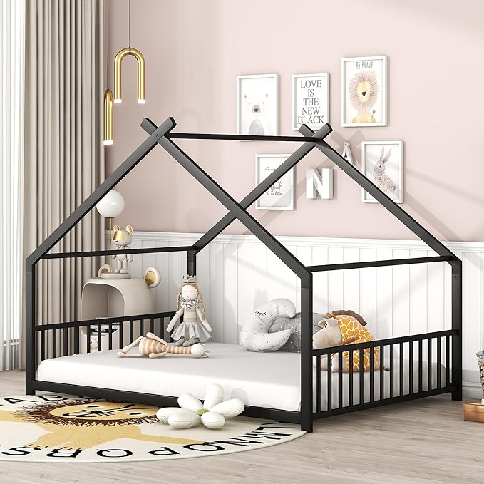 Full Size House Shaped Montessori Platform Beds, Wood Floor Bed Frame with Roof and Fence Deisgn, Kids Double Toddler Bed for Children Boys Girls, Easy Assemble, No Box Spring Needed, Black