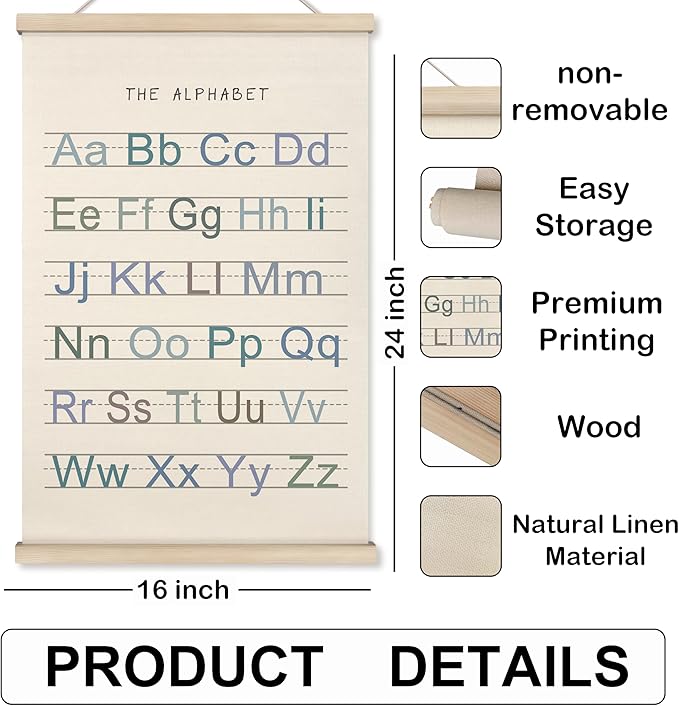 HRQKO Alphabet Numbers Poster Hanger Frame Set of 2, Nursery Wall Decor, Boho ABC Poster Wall Art with Wooden Frames, Alphabet Banner Wall Hanging Decor for Boy Toddler Room Playroom, 16x24 inch