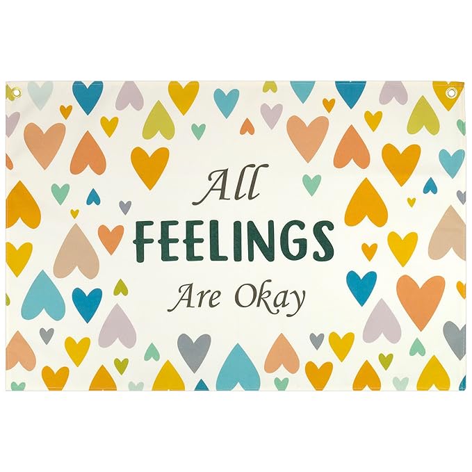 Mental Health Inspirational Rectangular Banner Flag Sign Wall Decor Gift for Boy Girl Kids Teen,Classroom Therapy Office Homeschool Reading Room Door-Birthday Christmas Gift-All Feelings Are Okay