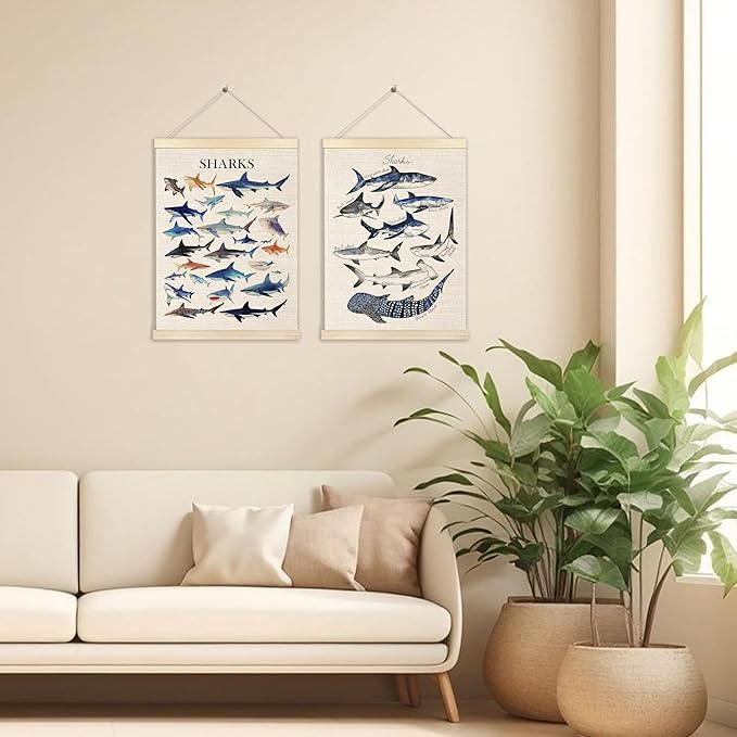Ecezatik Shark Wall Art Set of 2, Shark Posters, Hanging Wall Art Decor for Classroom, Nursery, Kids Room, Playroom, Beach, Ocean Room Decor, 12x16 Inch