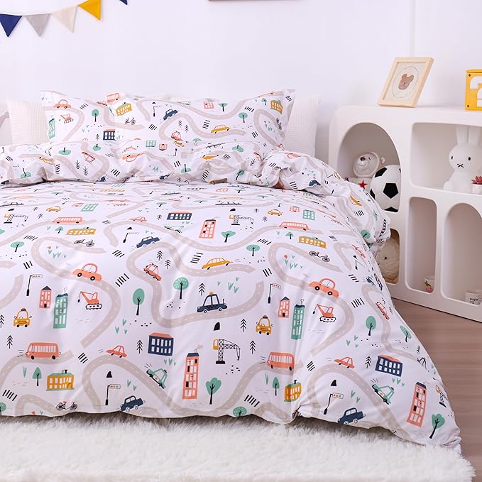 JSD Cars Kids Duvet Cover Set Full Size, 3 Piece Soft Printed Microfiber Comforter Cover with Pillow Sham Zipper Closure, Comforter Not Included