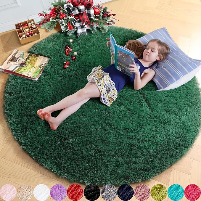Amdrebio Dark Green Fluffy Round Rugs 5Ft for Bedroom, Thick Floor Circle Rug for Kids, Teens Room Decor, Furry Shag Area Rug for Living Room, Baby Nursery, Dorm, Fuzzy Plush Fur Emerald Green Carpet