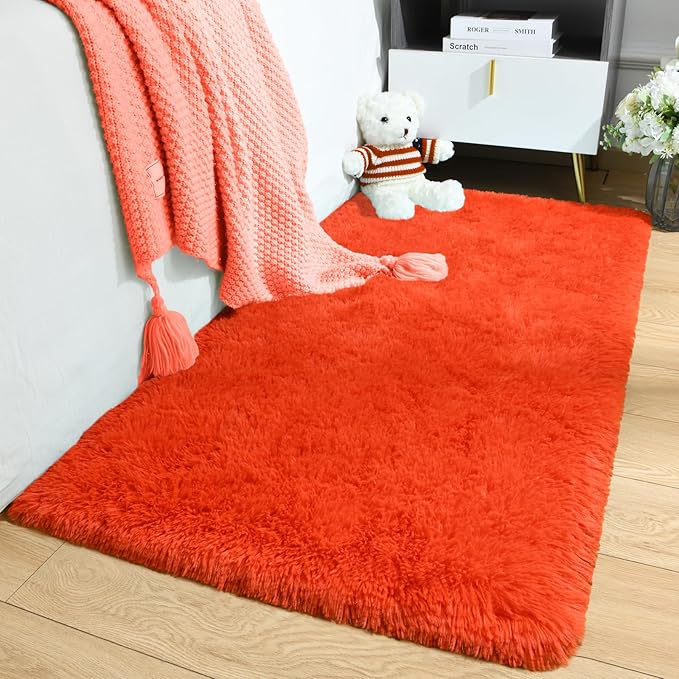 Merelax Fluffy Rug Shaggy Area Rug, Orange Red 2x4 Small Rugs for Fireplace Holiday Dearations, Mini Fuzzy Plush Kids Bedside Rug, Soft Non-Slip Entryway Throw Rugs Shag Catpet for Living Room