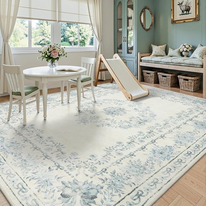 Wonnitar Bow Print Area Rug for Living Room, Ultra-Thin Blue 8x10 Washable Rug, Non Slip Soft Boho Floral Aesthetic Indoor Decor Carpet for Boys Playroom Dining Room Office