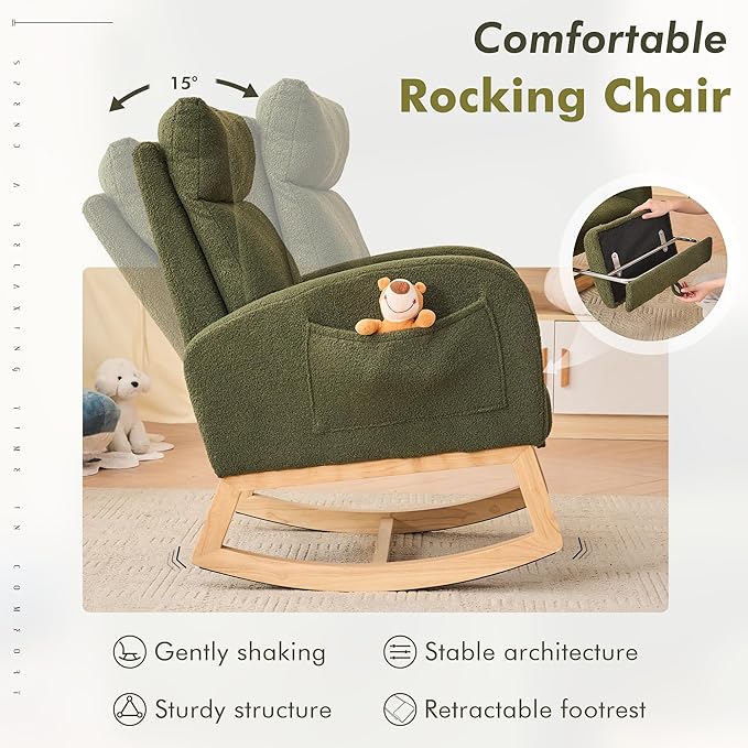 FOXHUNTER Rocking Chair for Nursery with High Backrest & Foot Rest-Nursery Rocking Chairs with Side Storage Pocket for Breastfeeding,Modern Glider Chair for Baby Bedroom,Living Room,Teddy Green