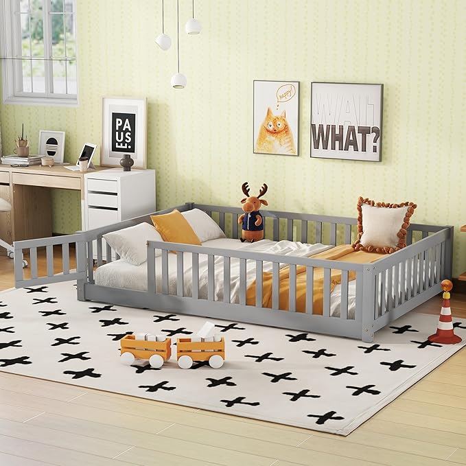 Bellemave Full Size Floor Bed Frame with Fence and Door for Kids, Montessori Floor Bed with Slats and Safety Guardrails,Solid Wood Full Bed Frame for Girls Boys,Grey
