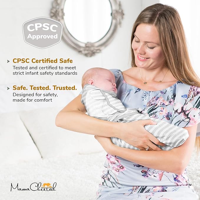 Mama Cheetah Organic Baby Swaddle Blanket, Adjustable Newborn Swaddle Sleep Sacks, Easy Swaddles for Boys and Girls 0-3 Months, Nursery Swaddling Essentials, 3-Pack, Grey