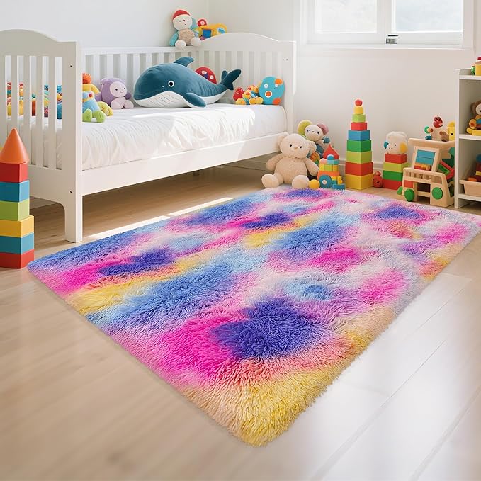 Rainbow Area Rugs 3x5 ft,Tie-Dyed Unicorn Fluffy Fuzzy Shaggy Carpet Soft Plush Furry Rug,for Bedroom Living Room Indoor Floor Rug Kids Girls Boys Home Decor Aesthetic, Dorm Nursery