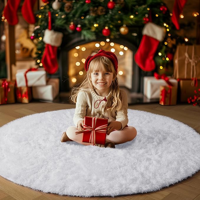 White Round Rug 6Ft for Bedroom, Washable Circle Area Rugs for Living Room, Large Soft Fluffy Shaggy Carpet for Teen Girls Boys, Kids Home Decor Aesthetic, Plush Throw Rugs for Dorm Nursery Playroom