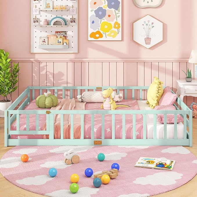 Giantex Queen Floor Bed with Door & Fence, Kids Wood Montessori Beds with Safety Guardrails, Floor Bed Twin for Kids, Boys, Girls, No Box Spring Needed, Mint Sky