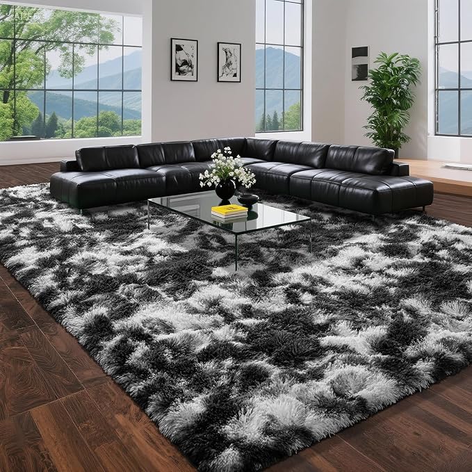 DweIke Fluffy Black White Shag Rugs for Bedroom Living Room, 3x5 Feet Soft Plush Tie-Dyed Cow Girls Boys Kids Rug, Non-Slip and Machine Washable Carpet for Dorm Nursery Classroom Decor