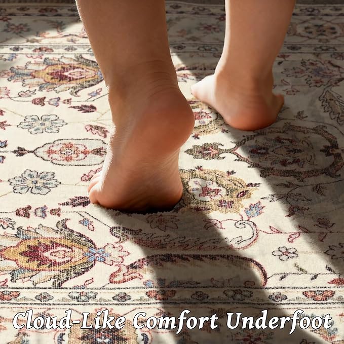 Washable 4x6 Rugs for Living Room, Boho Non-Slip Vintage Distress Small Rugs for Bedroom Nursery Office, 0.3" Neutral Oriental Throw Thin Carpet with Cushioning Pad, Beige/Rust/Green/Multi