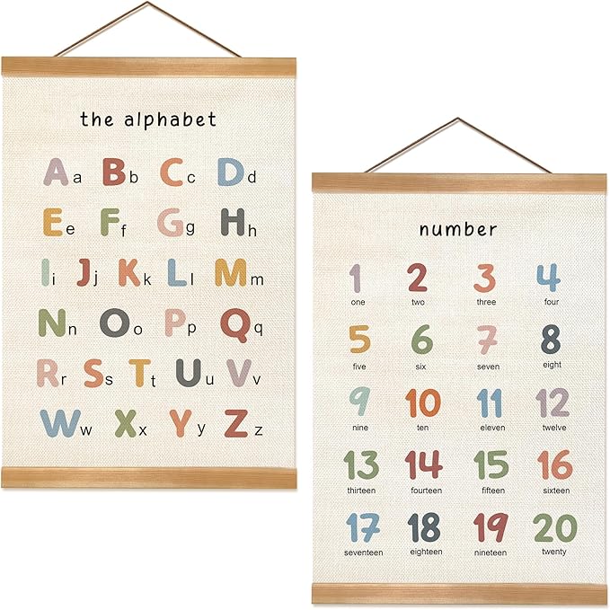 ZTGDA Alphabet Numbers Poster Set of 2, Alphabet Numbers Wall Art, ABC Banner Poster, Banner Wall Hanging Decor for Toddler Room Playroom Nursery Wall Classroom Decor (12x16inch ABC&123)