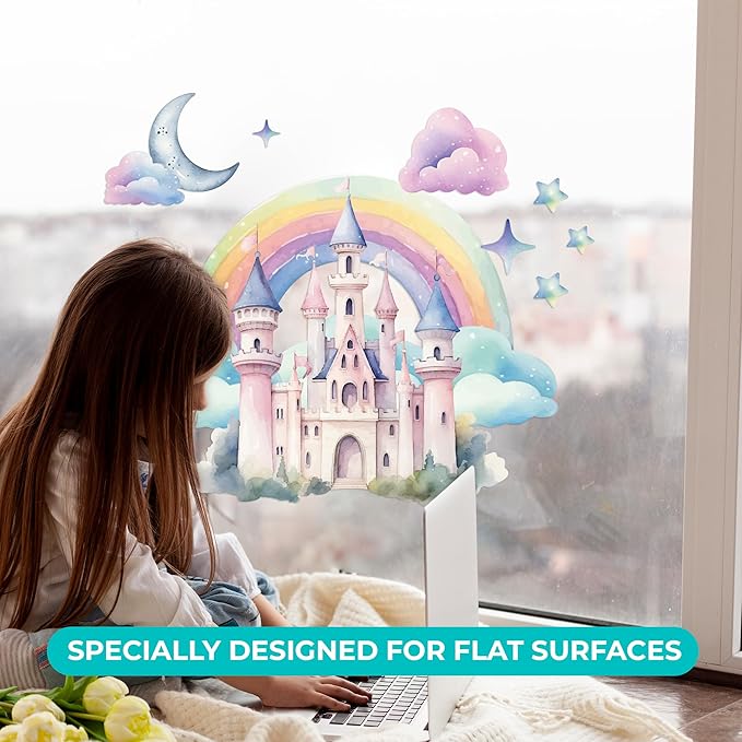 CRYPTONITE Rainbow Wall Decal for Girls Bedroom | Watercolor Castle Vinyl Sticker for Nursery Wall Decor | Cute Stickers for Kids Room, Windows, or Furniture | 3 Sizes (Wide 30" x 26" Height (Medium))