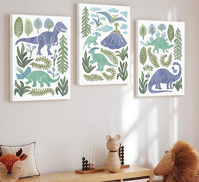 Baby Boys Nursery Wall Art Blue Green Dinosaur Pictures Wall Decor Stegosaurus T-Rex Triceratops Pterodactyl Posters Artwork Watercolor Dino Painting Canvas Prints for Kids Room Toddler Boy Room Decor