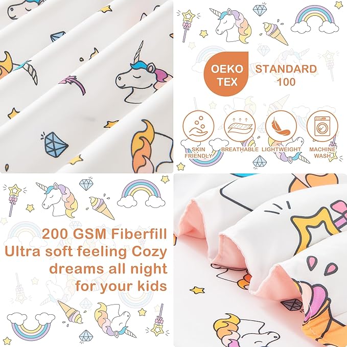 Mooreeke 4 Pieces Toddler Bedding Set - Soft Unicorn Rainbow Toddler Comforter Sets for Girls, Includes Quilted Comforter, Flat Sheet, Fitted Sheet and Pillowcase, Bed in A Bag for Baby Bedroom