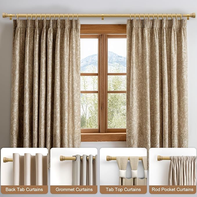 2 Pack Natural Light Wood Grain Curtain Rods for Windows 28 to 48 Inches 1" Diameter Heavy Duty Window Curtain Rod Adjustable with Solid Finials for Living Room Bedroom Kitchen Farmhouse Outdoor