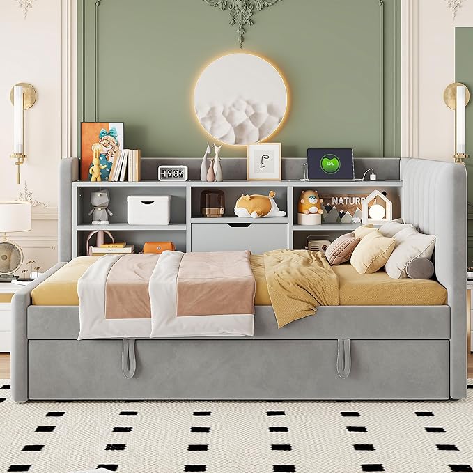 Twin Size Daybed with Trundle and Storage L-Shaped Bookshelf Headboard, Velvet Upholstered Soft Corner Bed with Charging Station and Shelves for Kids Boys Girls, Gray