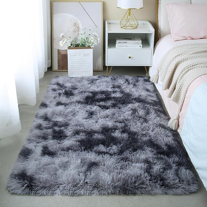 3x5 Dark Grey Fluffy Shag Rug for Bedroom, Soft Plush Fuzzy Washable Floor Non Slip Small Carpet for Living Room, Modern Comfy Furry Shaggy Area Rugs for Kids Baby Nursery Dorm, Tie-Dye Gray