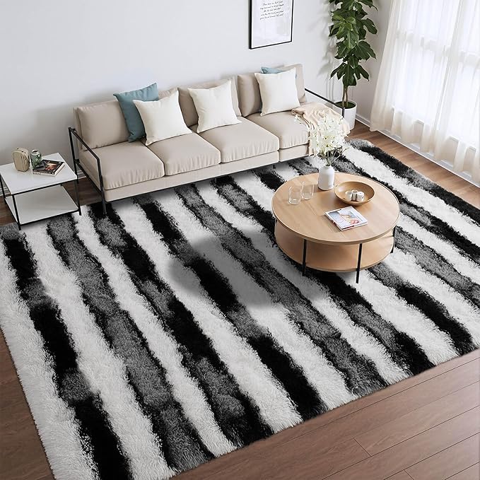 Meralax Area Rugs for Living Room Bedroom, Machine Washable 4x6 Feet Soft Fluffy Shaggy Bedside Rug, Black and White Indoor Floor Carpet for Kids Boys, Dorms, Nursery Rooms, Home Decor Aesthetic