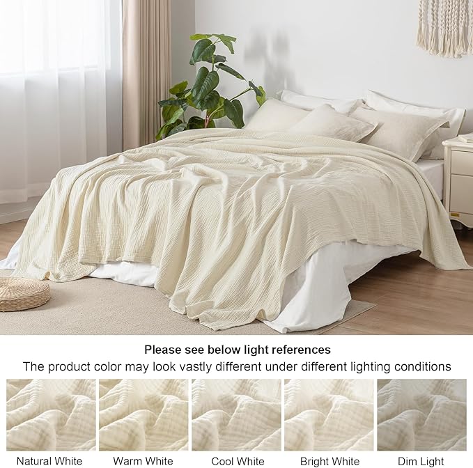 PHF 100% Cotton Muslin Blanket Queen Size 90"x90", 4-Layer Lightweight Gauze Throw, Breathable Cloud-Soft Minimalist Blanket for Bed, Couch, Camping & Baby, Birch, Ideal Gift