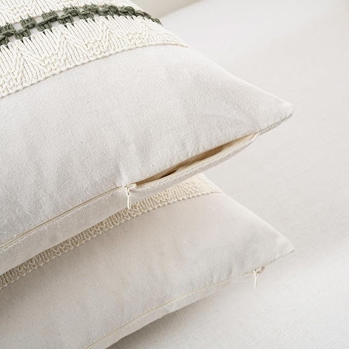 Fancy Homi Set of 2 Boho Olive Green Long Lumbar Decorative Throw Pillow Cover 12x24 Inch for Couch Bed Sofa Chair, Modern Organic Farmhouse Home Decor, Soft Cotton Cute Accent Rectangle Cushion Case