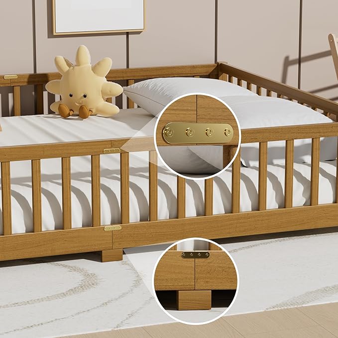 LLS Queen Floor Bed for Kids Toddlers, Solid Wood Multifunctional Montessori Bed Frame with Safety Guardrails, Without Door, Easy Assemble,Light Espresso