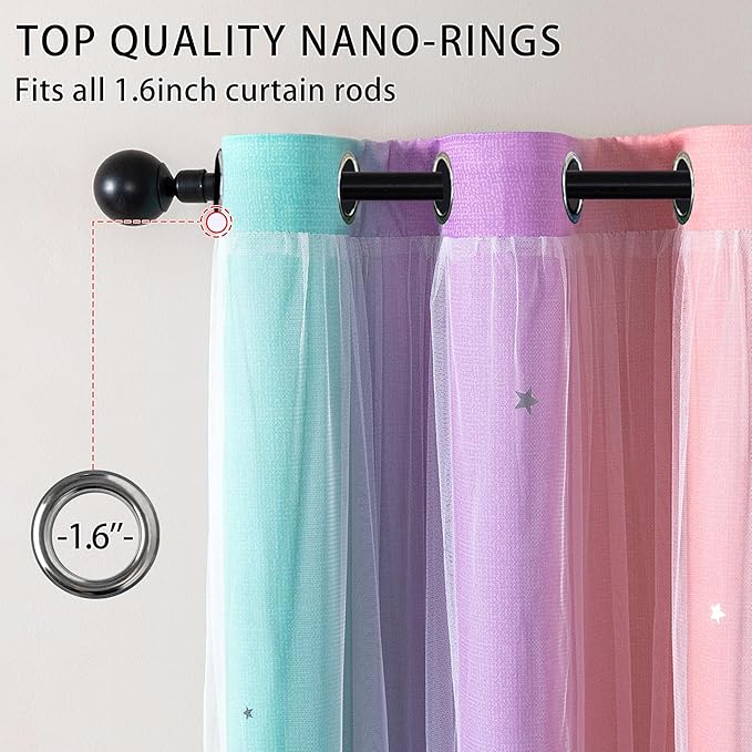 XiDi Curtains for Girls Bedroom 2 Panel Set, Thermal Insulated Window Ombre Panels, Rainbow Pink Drapes for Kids Room Unicorn Wall Decals, Black Out Curtains 54 Inch Long Pink/Purple/Green 52x54