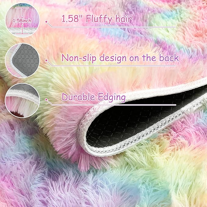 Cute Unicorn Rug for Girls Bedroom, 6x9 Plush Fluffy Princess Rainbow Area Rug for Girls Room Soft Big Shag Carpet for Living Room Baby Toddler Kids Room Colorful Kawaii Room Decor
