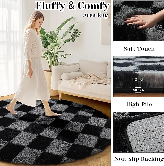 KICMOR Round Rugs 5ft Black and Grey Circle Area Rug, Fluffy Soft Fuzzy Shag Shaggy Bedroom Living Room Carpet, Indoor Checkered Circular Rug for Teen Kids Boys Girls Home Decor Aesthetic, Nursery