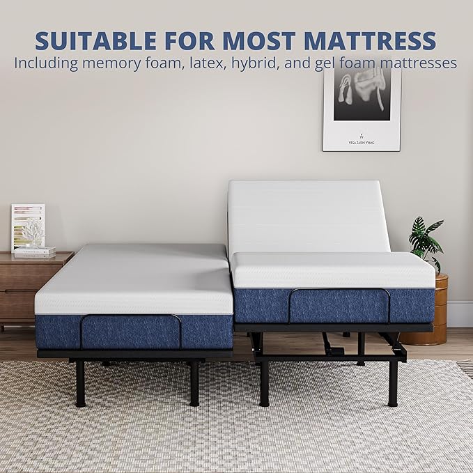 EGOHOME Adjustable Bed Base Frame Split King and 14 inch Charcoal Gel Memory Foam Mattress, Independent Head and Foot Incline Wireless Remote Electric Foldable Metal Bed Base,Zero Gravity