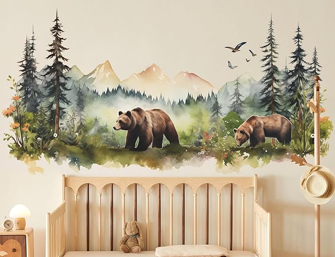 Large Jungle Animals Wall Decals Forest Tree Wall Decal Peel and Stick Woodland Bear Fox Deer Wall Stickers Giant Mountain Art for Bedroom Nursery Room FX-C432