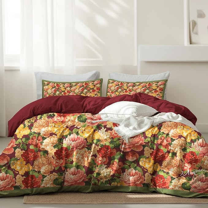 MAGRACE Cotton Duvet Cover King - Super Soft Breathable Duvet Cover Set -Duvet Cover with Pillow Shams, Vintage Floral Pattern & Maroon Red Reversible