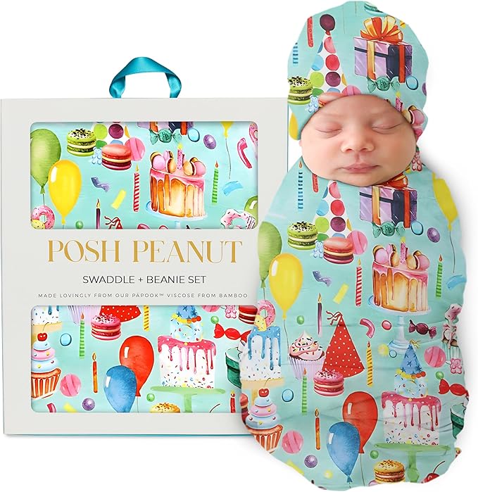 Posh Peanut Baby Swaddle Blanket & Beanie - Matching Newborn Swaddle Set, Doubles As Receiving Blanket or Nursing Cover (Happy Birthday)