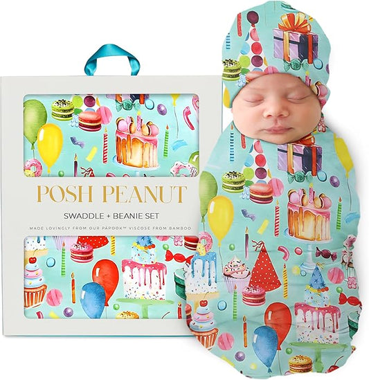 Posh Peanut Baby Swaddle Blanket & Beanie - Matching Newborn Swaddle Set, Doubles As Receiving Blanket or Nursing Cover (Happy Birthday)