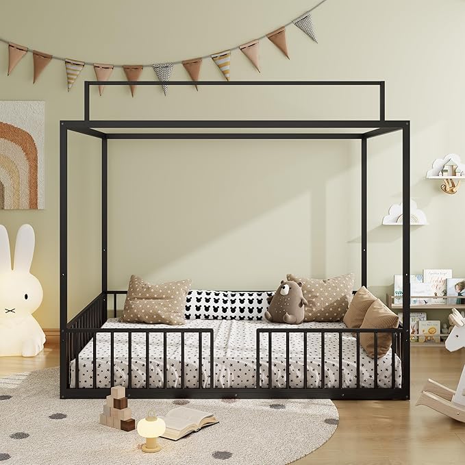 Merax Full Size Convertible Montessori Floor Bed, Metal House Bed Framefor Kids, Floor Beds with Fence for Kids,Black