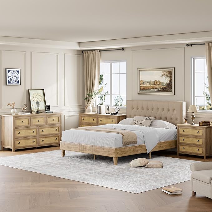 IDEALHOUSE Rattan Dresser for Bedroom with 7 Drawers, 54'' Wide Chest of Drawers with Large Clothes Storage Cabinet, Wood Bedroom Dresser, TV Stand for Nursery, Living Room, Hallway, Oak