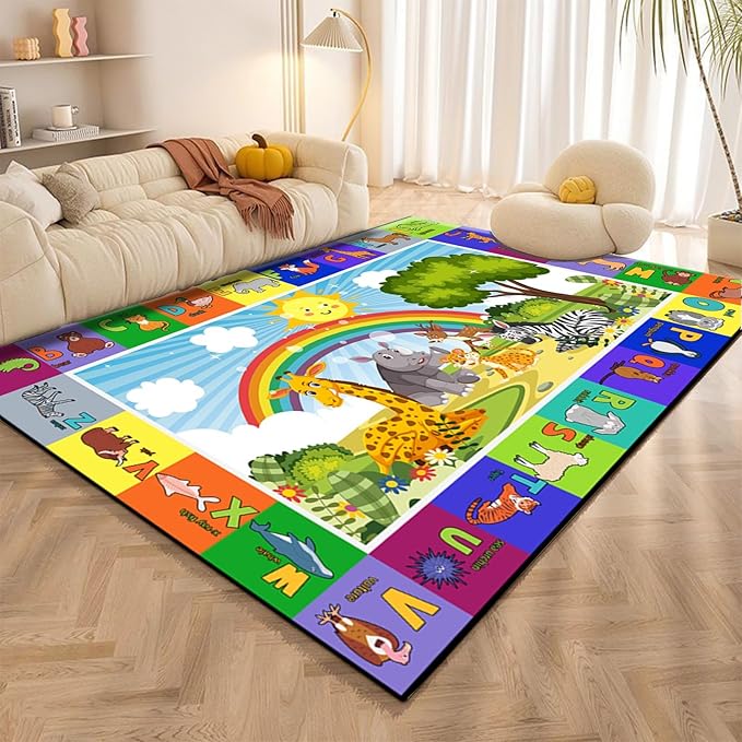Cartoon Zoo Education Rug for Kids, 6x8ft, Giraffe Zebra Amusement Park Play Mat, Ultra Soft Low Pile Absorbent Indoor Carpet, Breathable Dirty Resistant Mats for Playtime Bedroom