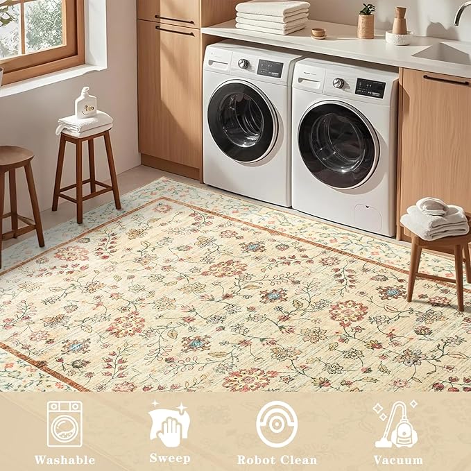 6x9 Rugs for Living Room, Beige Washable Floral Area Rug for Bedroom, Soft Non Slip Indoor Low Pile Carpet for Kitchen Dining Room, Large Boho Throw Carpets for Kids Nursery Office Dorm Home Decor
