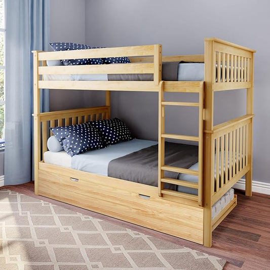 Max & Lily Bunk Bed, Full-Over-Full Wood Bed Frame For Kids With Trundle, Natural
