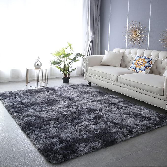 CAIYUECS Shag Area Rug,Indoor Ultra Soft Plush Rugs for Bedroom Living Room, Non-Skid Modern Nursery Faux Fur Rugs for Kids Room Home Decor (Tie-Dyed Dark Gray, 4x6 Feet)